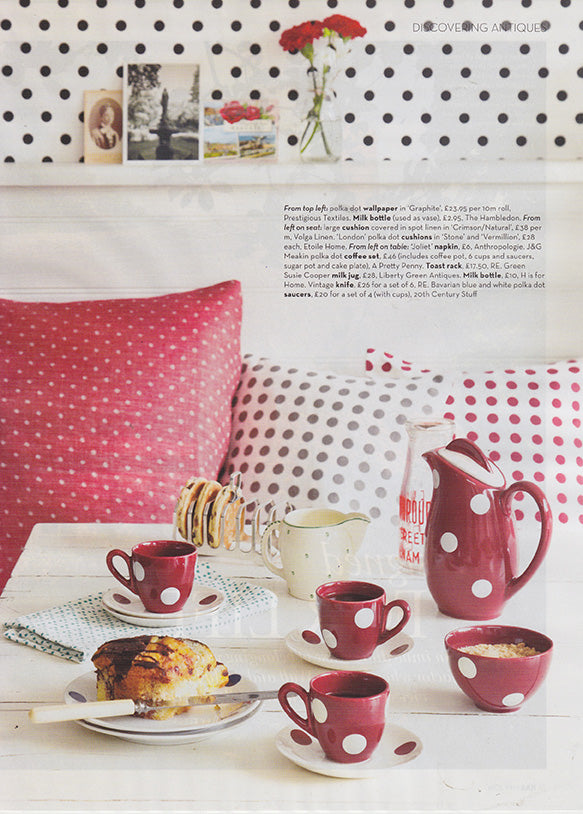 étoile home's London polka dot spotty throw pillows in stone grey and vermilion red in BBC's Homes & Antiques magazine ships from Canada worldwide