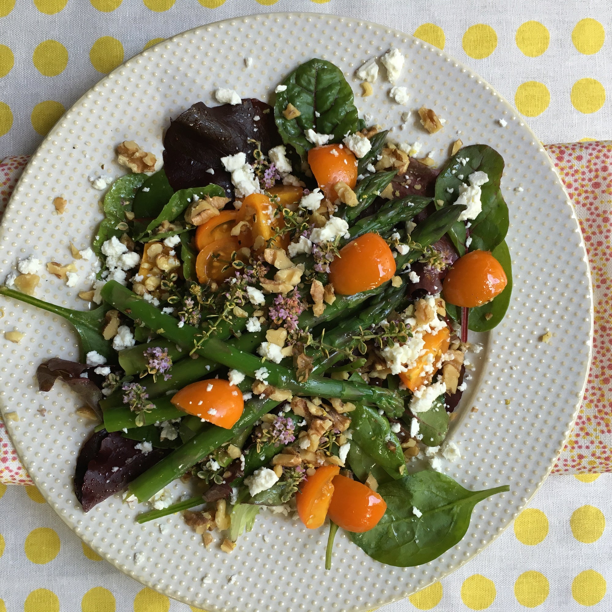 ASPARAGUS AND LEMON THYME SALAD WITH WALNUTS AND FETA