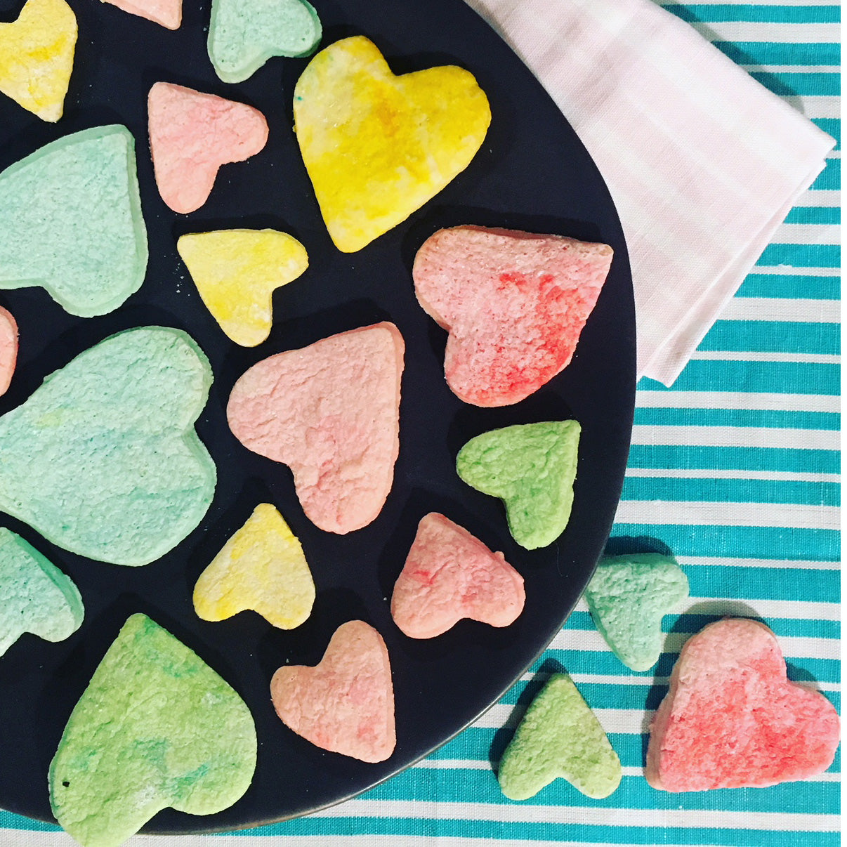 Sweet Heart Coloured Short Bread Cookie Recipe with stripe napkins in turquoise and pale pink