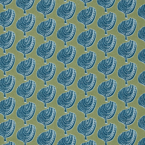 Graphic Apple Tree Pattern Printed Linen Cotton Canvas Fabric in Antique Moss Green and Dark Petrol Blue