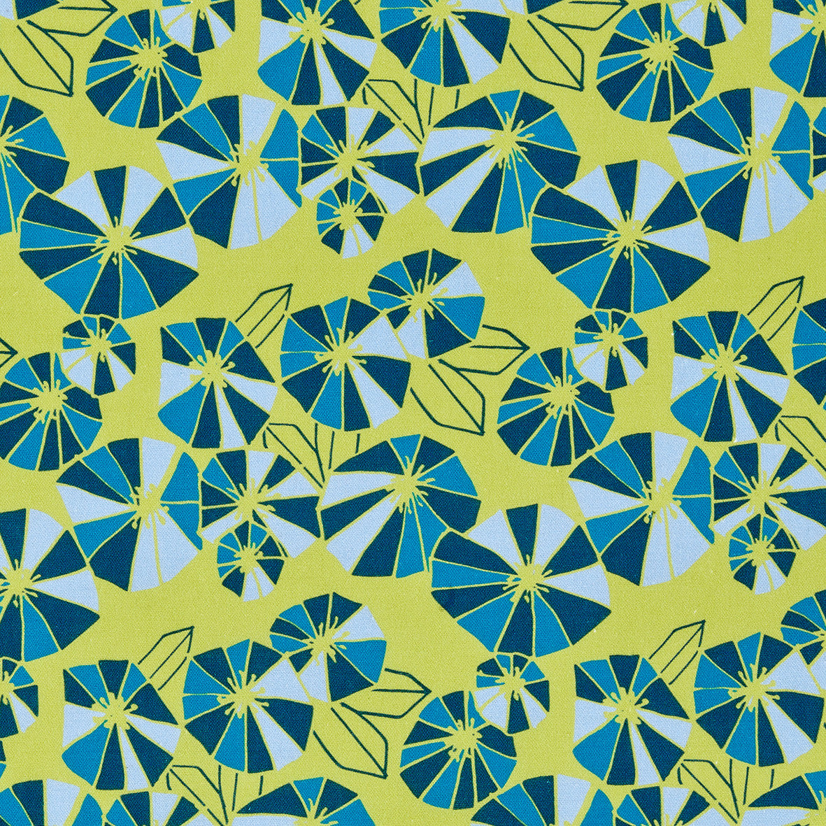 Graphic Eden Floral Pattern Printed Linen Cotton Canvas Fabric in Bright Chartreuse Yellow and pale winter, dark petrol & turquoise blue