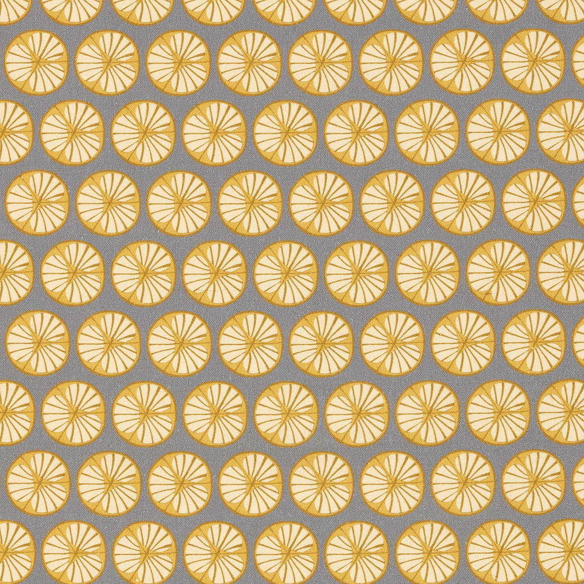 Graphic Cross Section of Fruit Pattern Printed Linen Cotton Canvas Fabric in Light Dove Grey and Saffron Yellow 