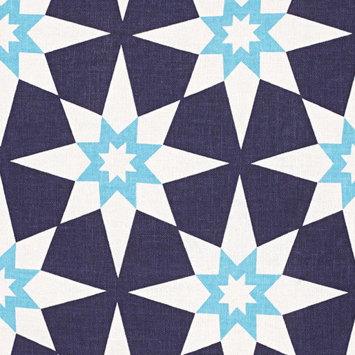 Cadiz Geometric Star Pattern Cotton Linen Fabric by the Meter in Dark Aubergine Purple and Turquoise