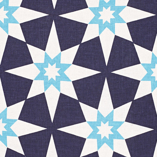 Cadiz Geometric Star Pattern Cotton Linen Fabric by the Meter in Aubergine Purple and Turquoise