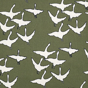 Geese Bird Pattern Cotton Linen Fabric by the Meter in Olive Green