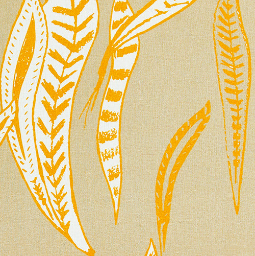 Kelp pattern earth and maize yellow home decor interior fabric for curtains, blinds, upholstery ships from Canada to USA by the yard or by the meter