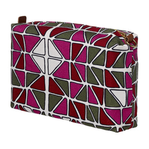 Stained Glass Mosaic Pattern Canvas Wash (toiletry) Bag in Fuchsia Pink with Olive Green and Red