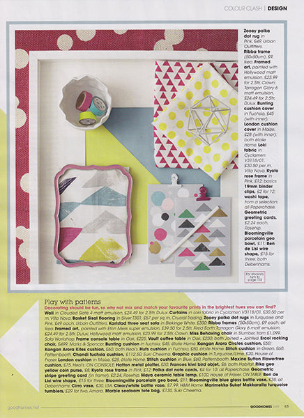 étile home's bunting napkin in fuchsia and london polka dot spotty napkin in maize yellow in Good Homes Magazine