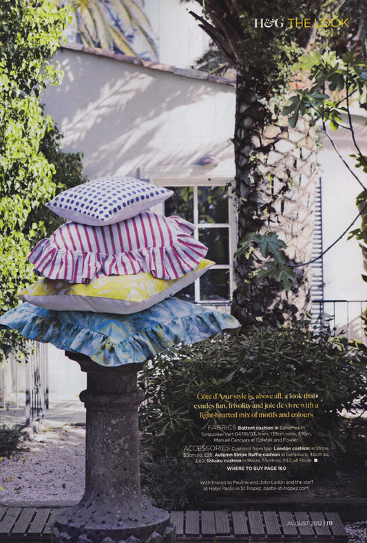 étoile home's London Polka Dot and Stripe Ruffle Throw Pillows in Homes & Gardens Magazine ships from Canada worldwide including the USA