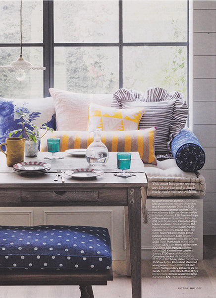 étoile home's Betty throw pillow in Saffron and Palermo stripe ruffle throw pillow in grey in Homes & Gardens Magazine ships from Canada worldwide