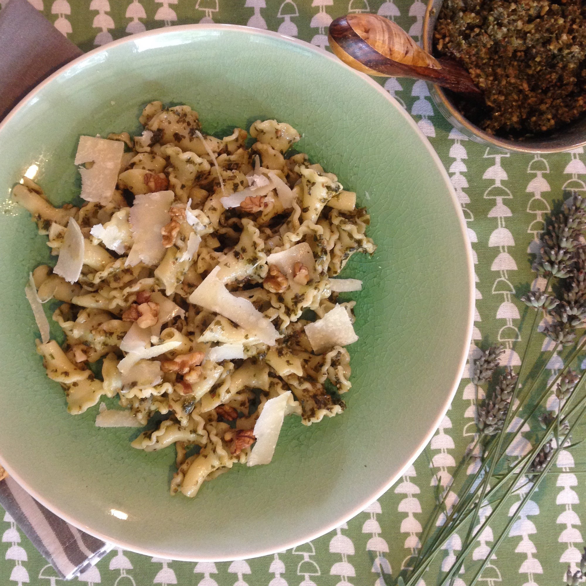 Kale and toasted walnut pesto with pasta on hopi fabric by the meter from étoile home