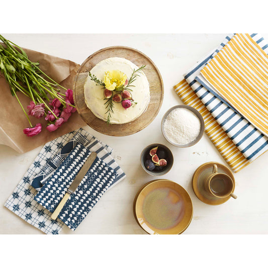 Rosemary & Balsamic Corn Meal Cake served on Ticked Striped table linens, napkins, tea towels and tablecloths