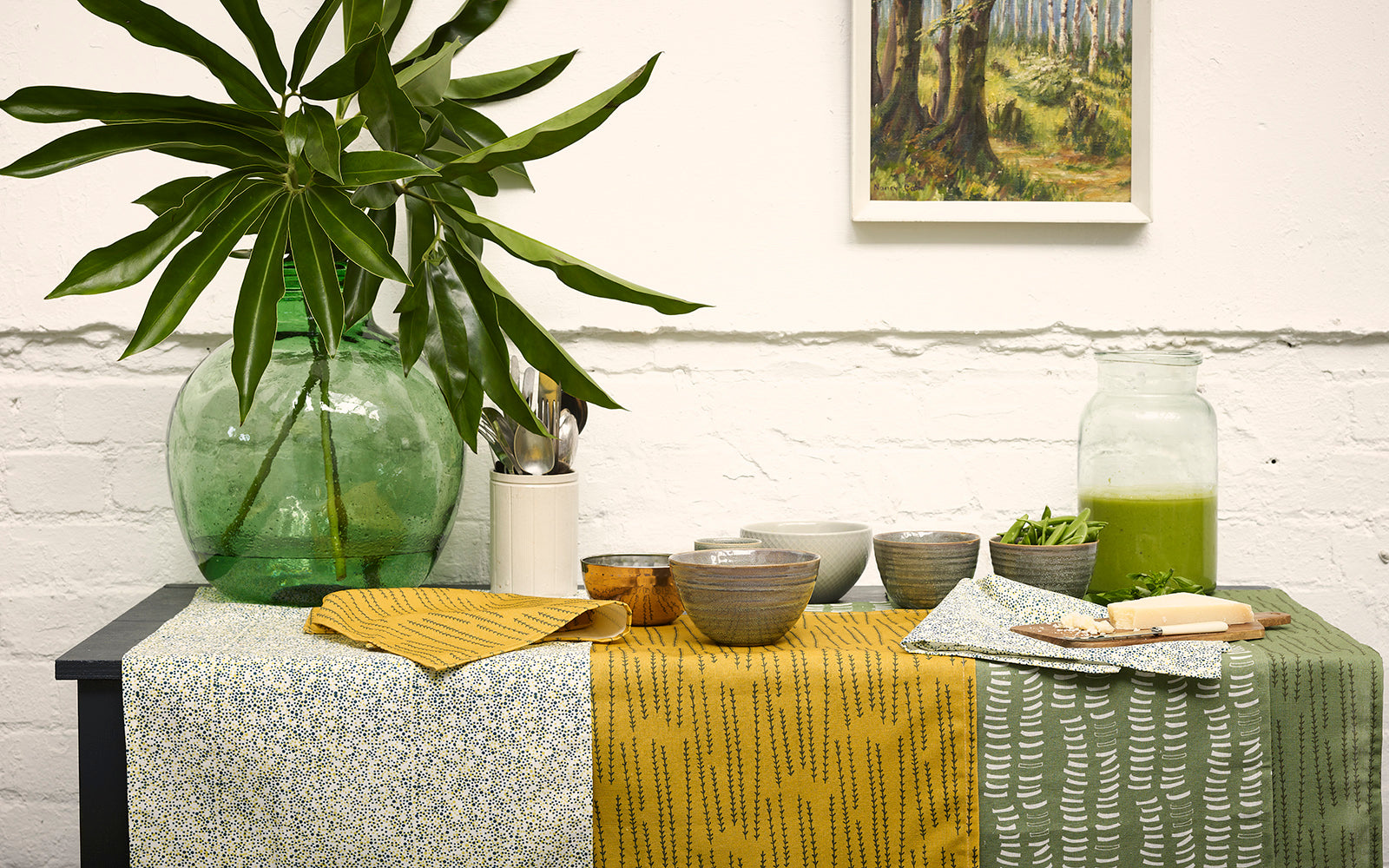 Tea Towels and napkins in shades of luscious green from light to dark ships from Canada worldwide