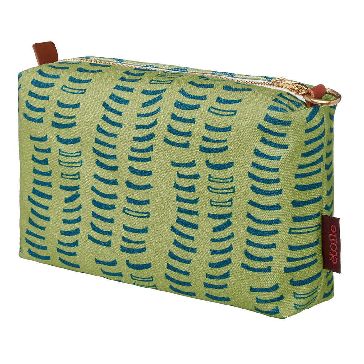 Graphic rib patterned printed toiletry or wash bag in antique moss green and dark blue ships from Canada (USA)