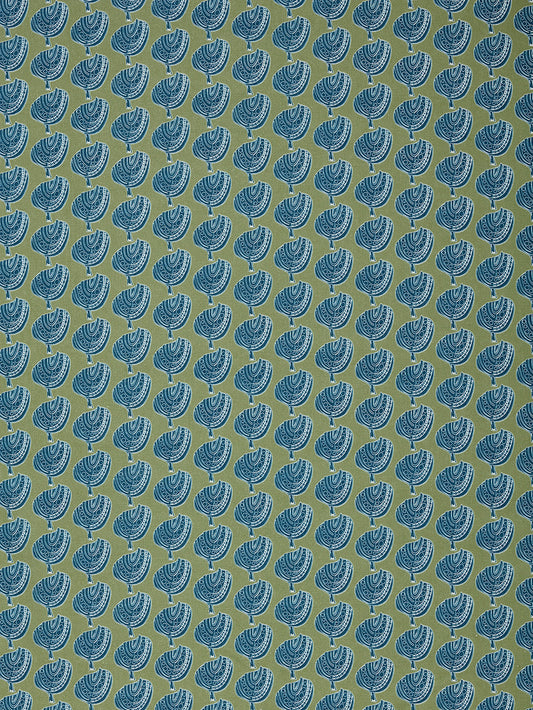 Graphic Apple Tree Pattern Printed Linen Cotton Canvas Fabric in Antique Moss Green and Dark Petrol Blue