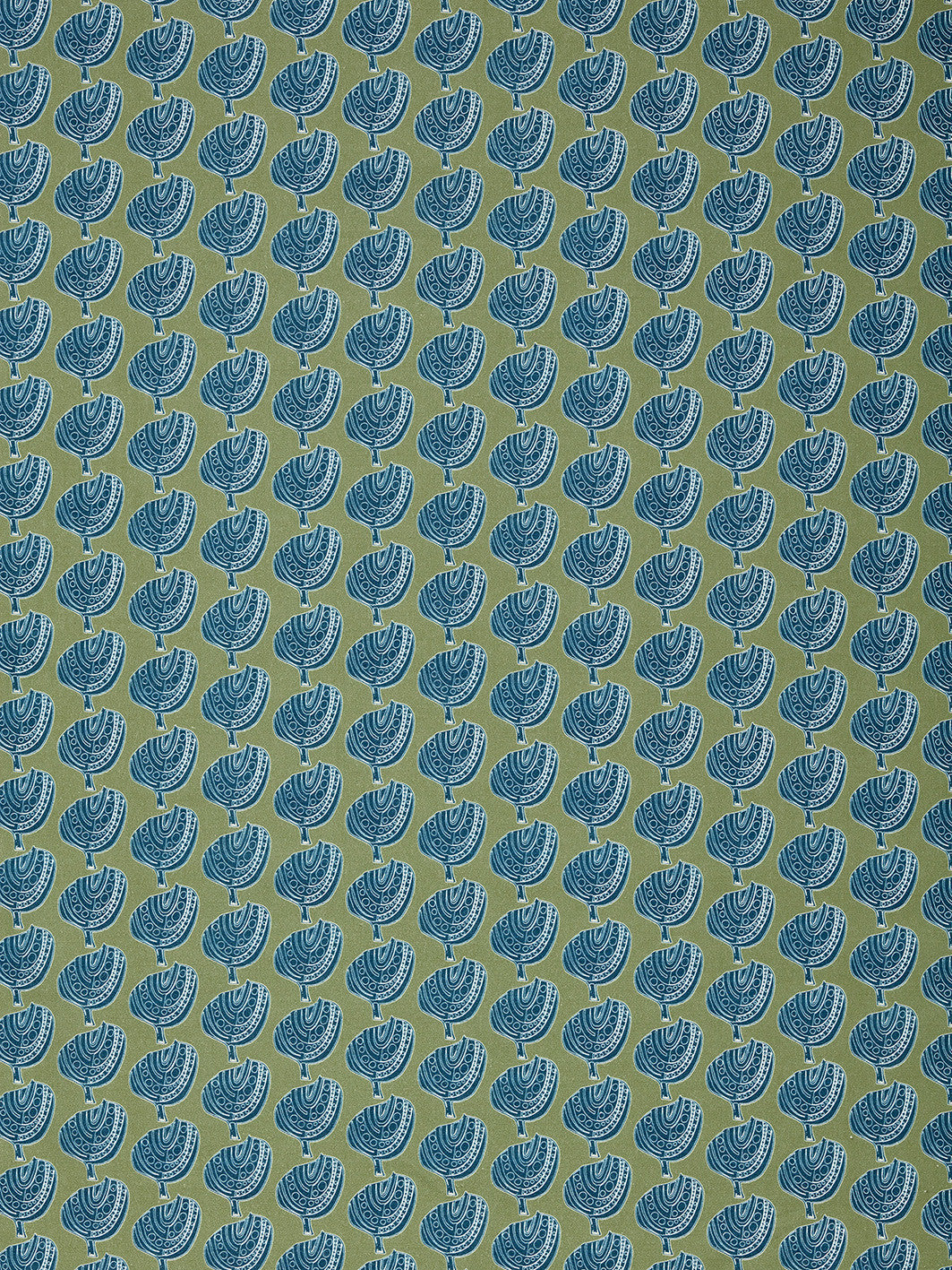 Graphic Apple Tree Pattern Printed Linen Cotton Canvas Fabric in Antique Moss Green and Dark Petrol Blue