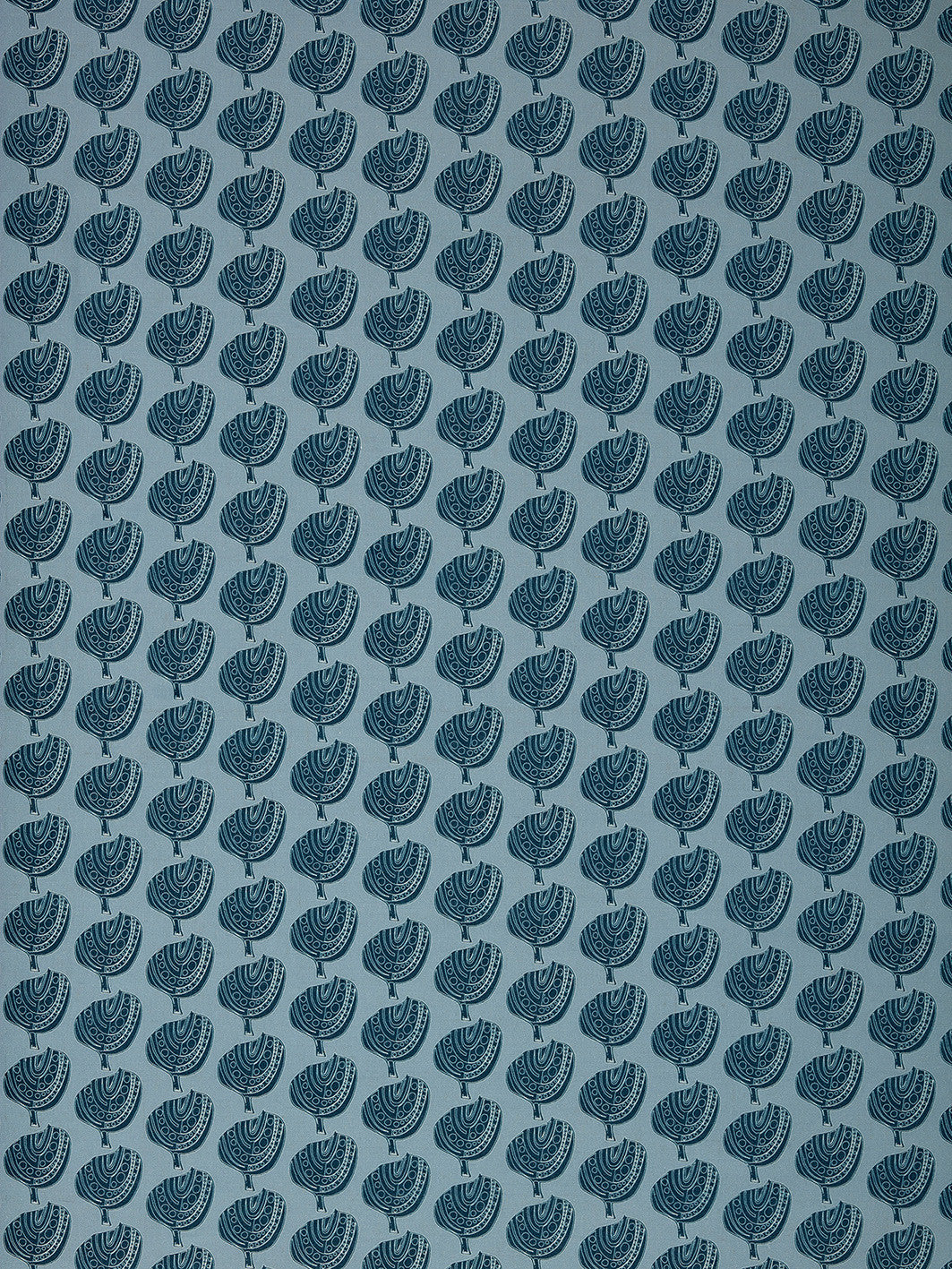 Graphic Apple Tree Pattern Printed Linen Cotton Canvas Fabric in Pale Winter Blue and Dark Petrol Blue