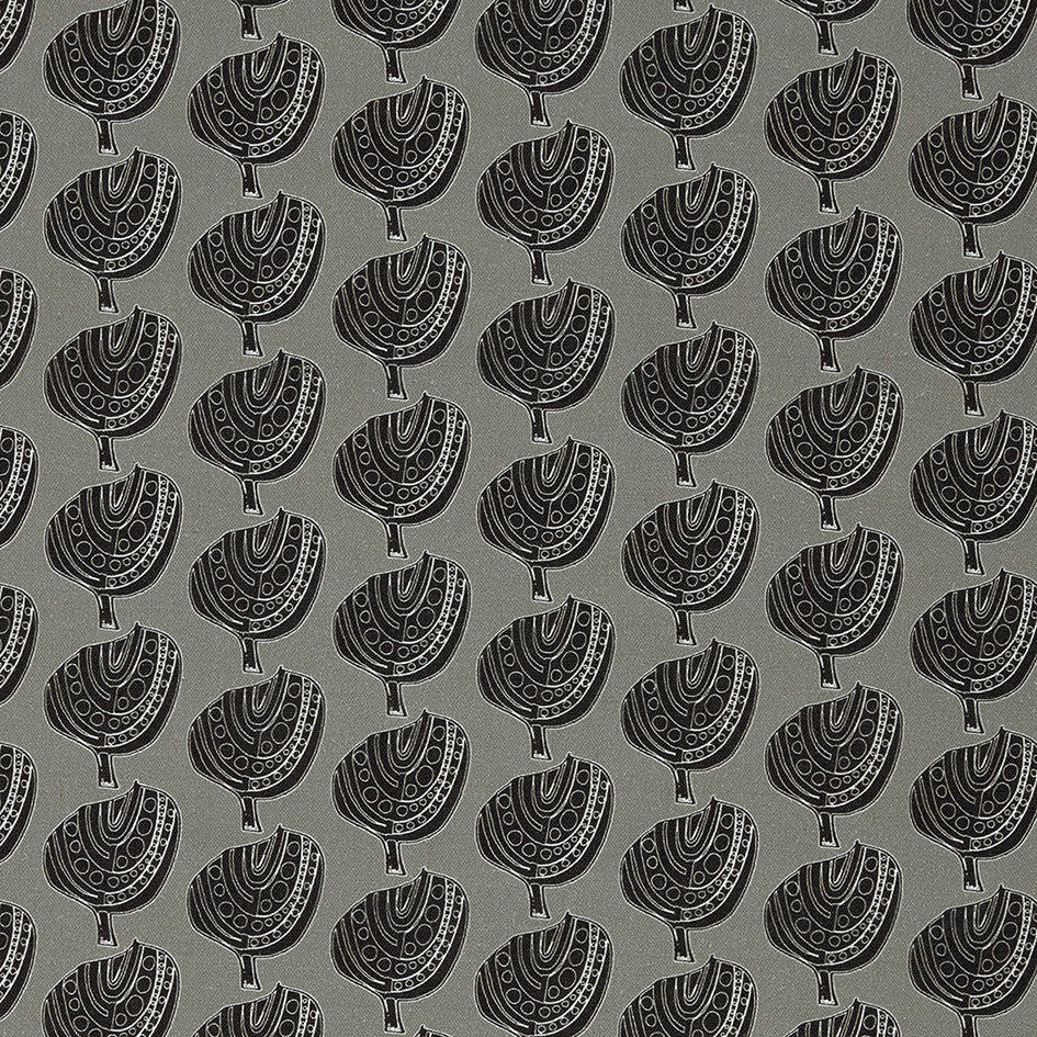 Graphic Apple Tree Pattern Printed Fabric in Dove Grey and Black