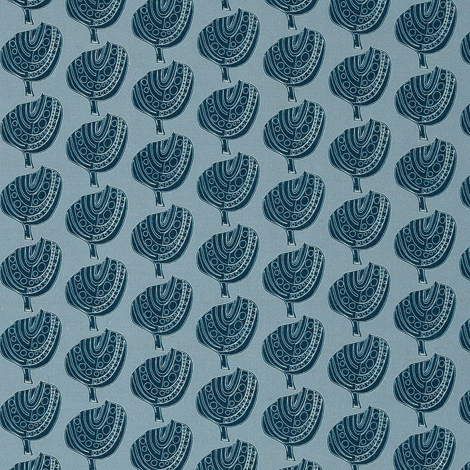 Graphic Apple Tree Pattern Printed Linen Cotton Canvas Fabric in Pale Winter Blue and Dark Petrol Blue