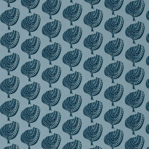 Graphic Apple Tree Pattern Printed Linen Cotton Canvas Fabric in Pale Winter Blue and Dark Petrol Blue