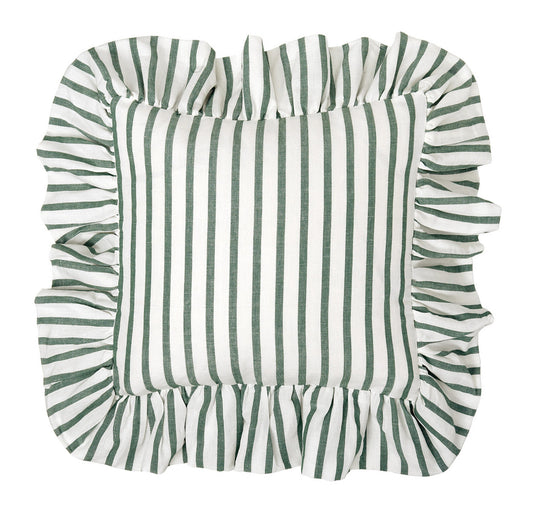 Autumn Ticking Stripe Ruffle Decorative Throw Pillow in Dark Moss Green 45x45cm (18x18")
