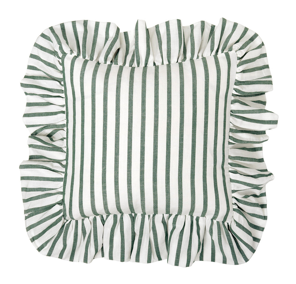 Autumn Ticking Stripe Linen Ruffle Throw Pillow Moss Green