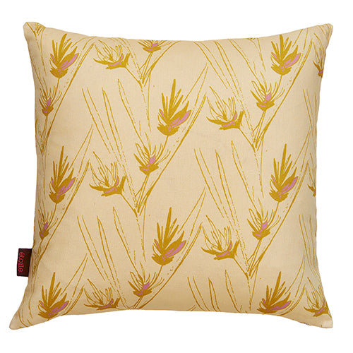 Beakrush floral cotton linen throw pillow in Straw yellow, gold and light heather pink 45x45cm (18x18") ships from canada worldwide including the USA