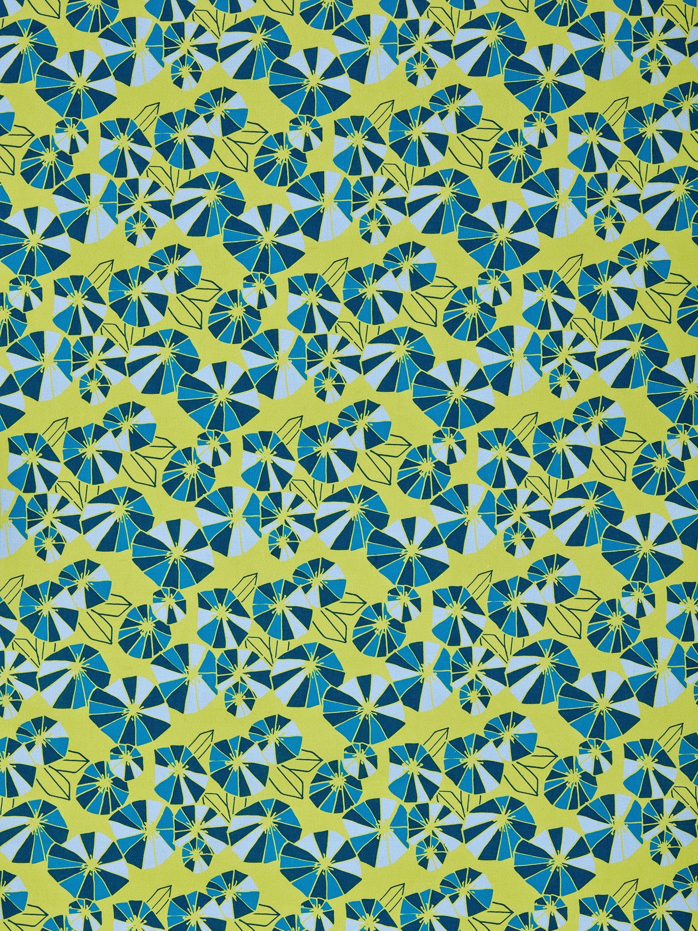 Graphic Eden Floral Pattern Printed Linen Cotton Canvas Fabric in Bright Chartreuse Yellow and pale winter,  dark petrol & turquoise blue  