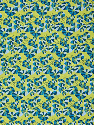Graphic Eden Floral Pattern Printed Linen Cotton Canvas Fabric in Bright Chartreuse Yellow and pale winter,  dark petrol & turquoise blue  