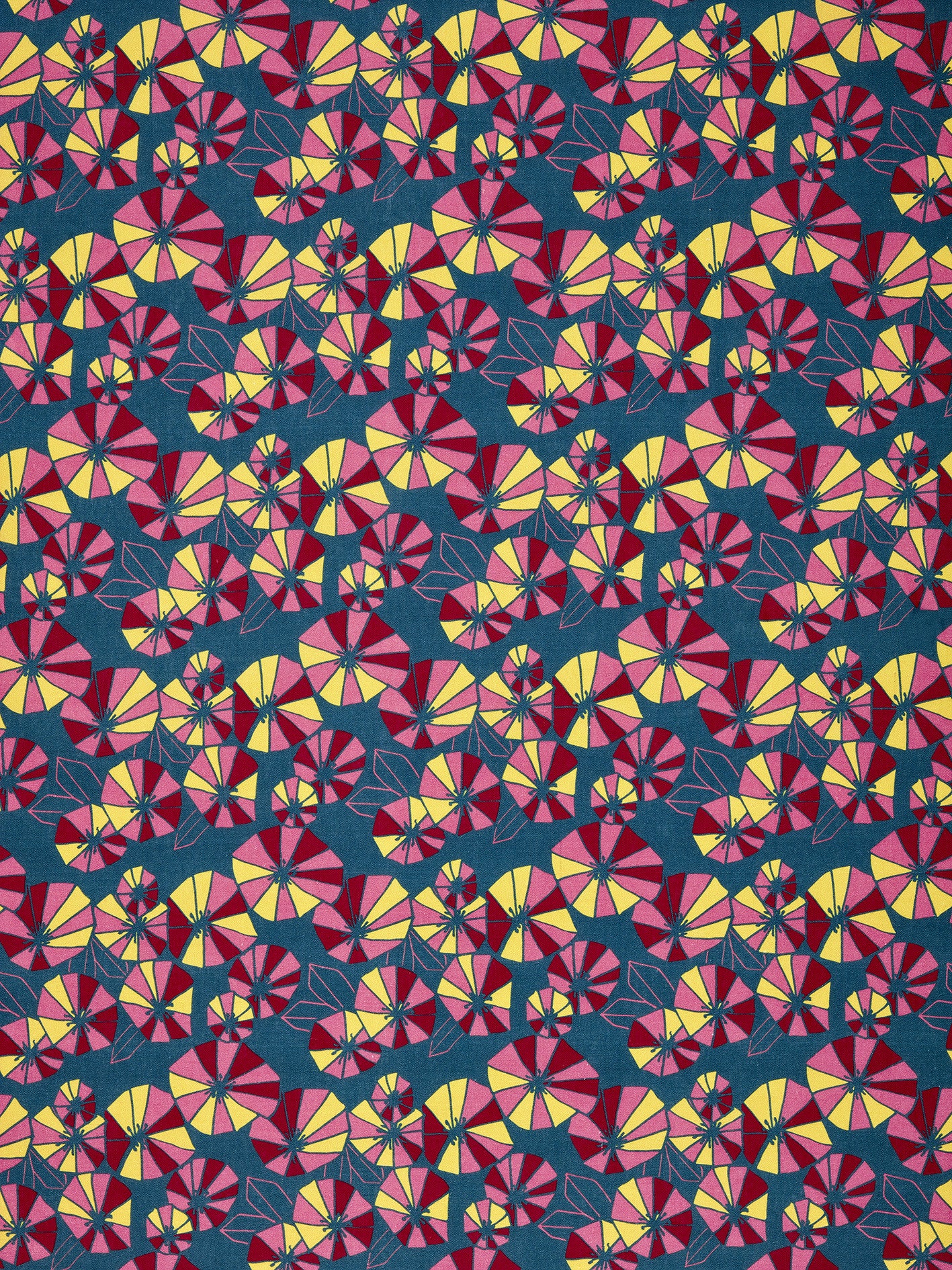 Graphic Eden Floral Pattern Printed Linen Cotton Canvas Fabric in Dark Petrol Blue, Red, Yellow and Pink