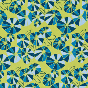 Graphic Eden Floral Pattern Printed Linen Cotton Canvas Fabric in Bright Chartreuse Yellow and pale winter,  dark petrol & turquoise blue 