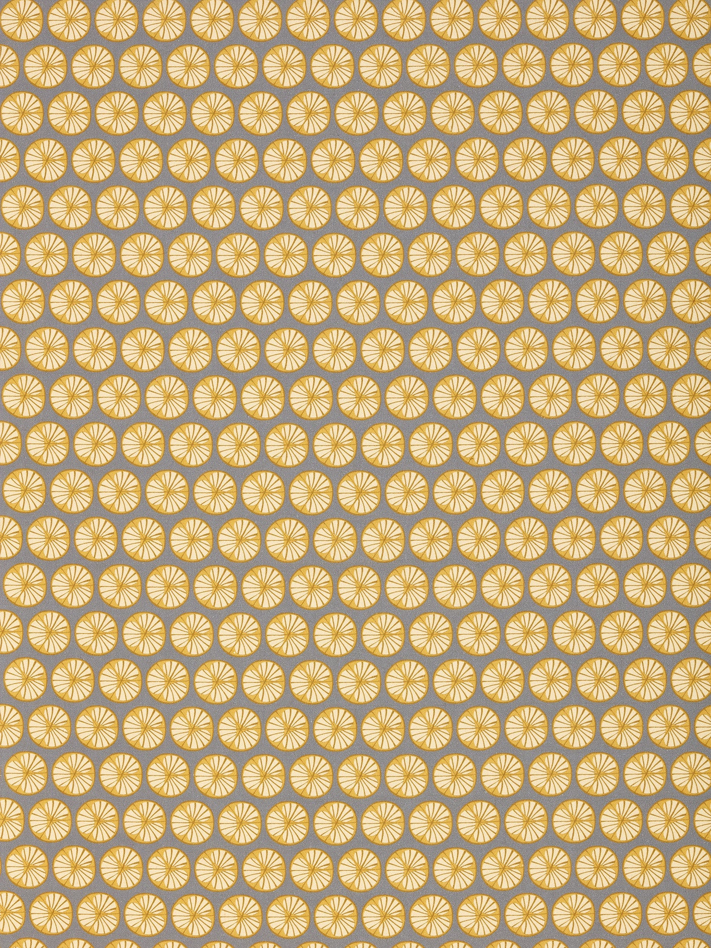 Graphic Cross Section of Fruit Pattern Printed Linen Cotton Canvas Fabric in Light Dove Grey and Saffron Yellow 