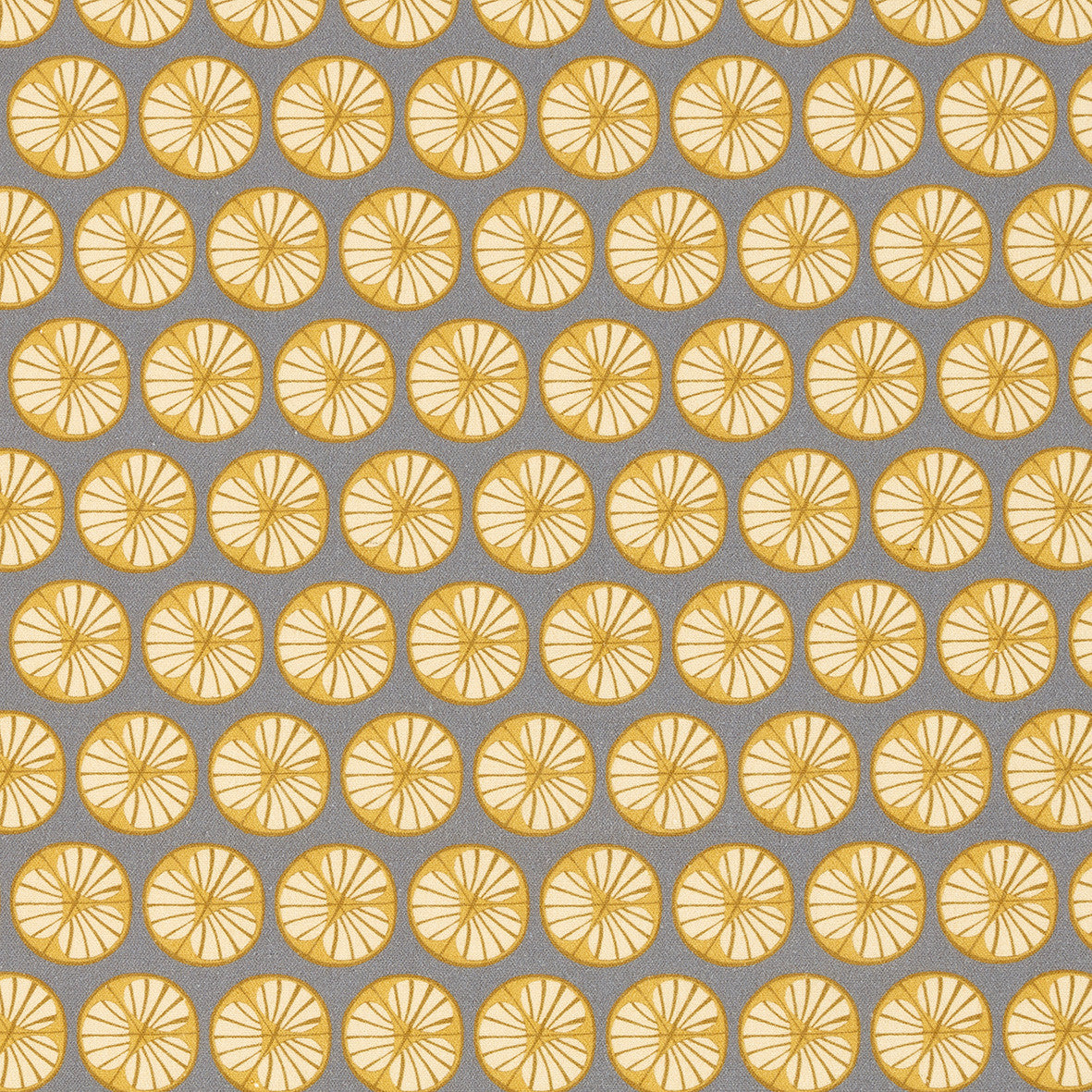 Graphic Cross Section of Fruit Pattern Printed Linen Cotton Canvas Fabric in Light Dove Grey and Saffron Yellow 
