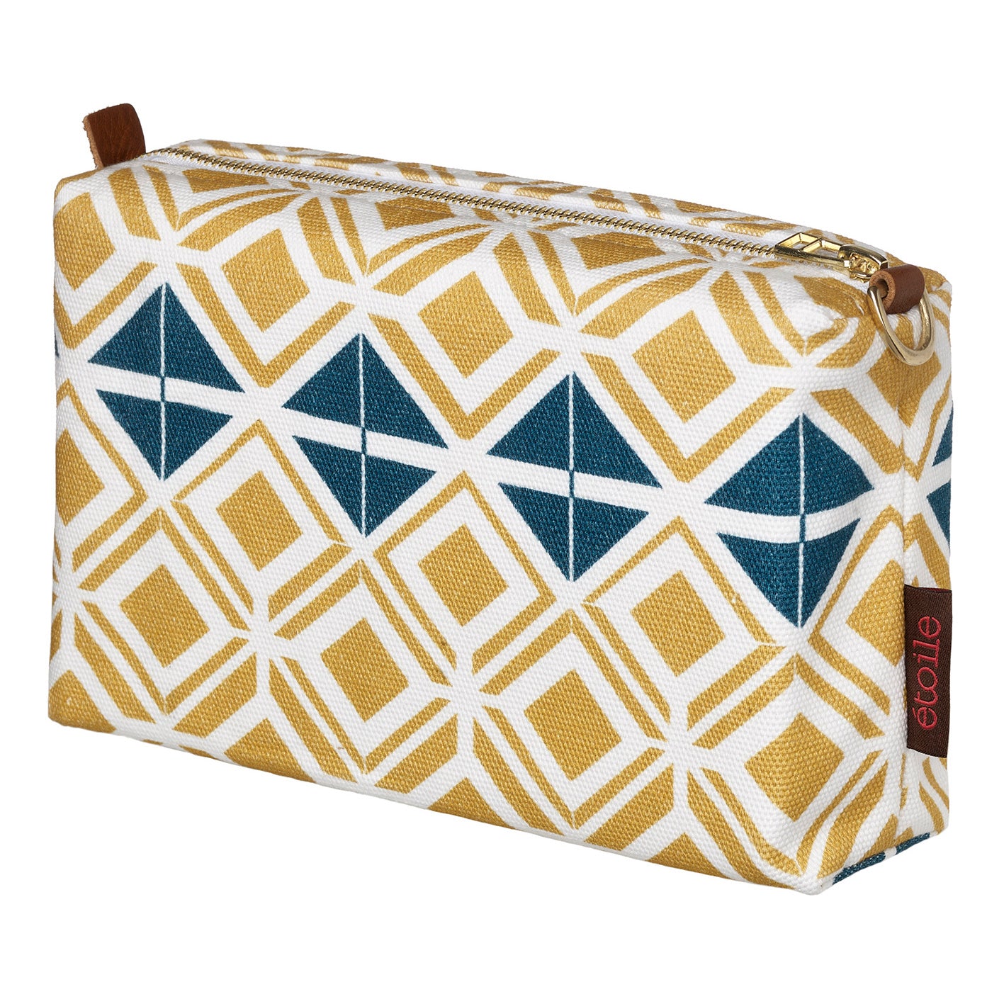 Glasswork Geometric Pattern Canvas Toiletry Travel Bag - Gold / Petrol Blue perfect for all your cosmetics, shaving, wash kit ships from Canada