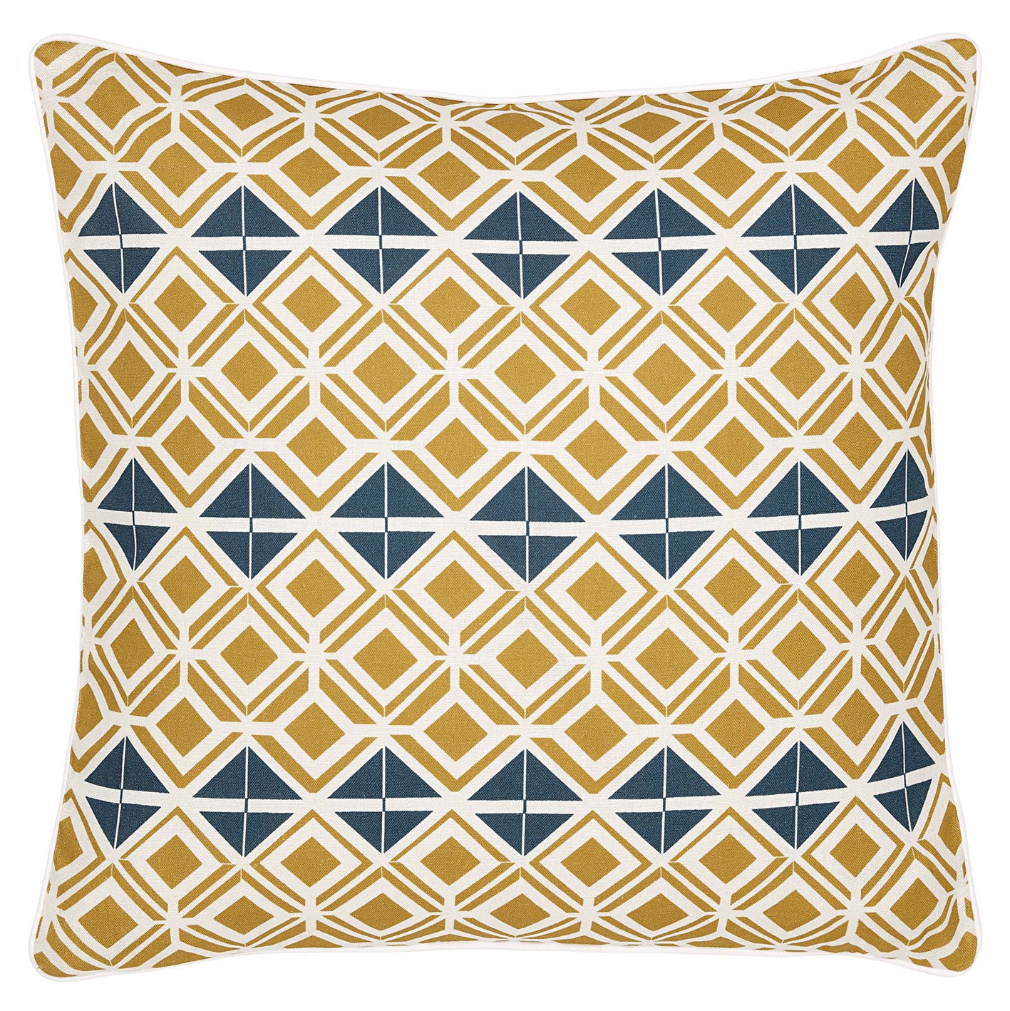 Glasswork Geometric Linen Decorative Throw Pillow in Gold and Dark Petrol Blue ships from Canada including the USA