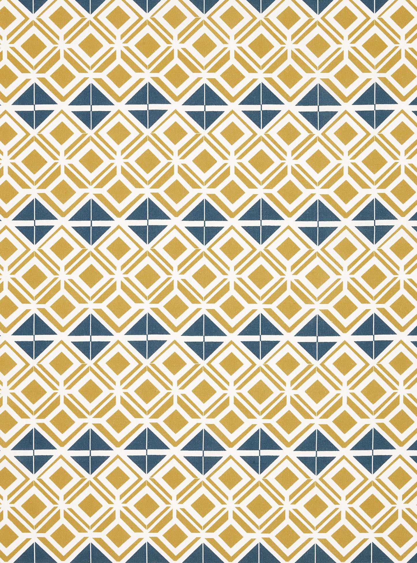Glasswork Geometric Pattern Cotton Linen Fabric by the Meter in Gold & Dark Petrol Blue