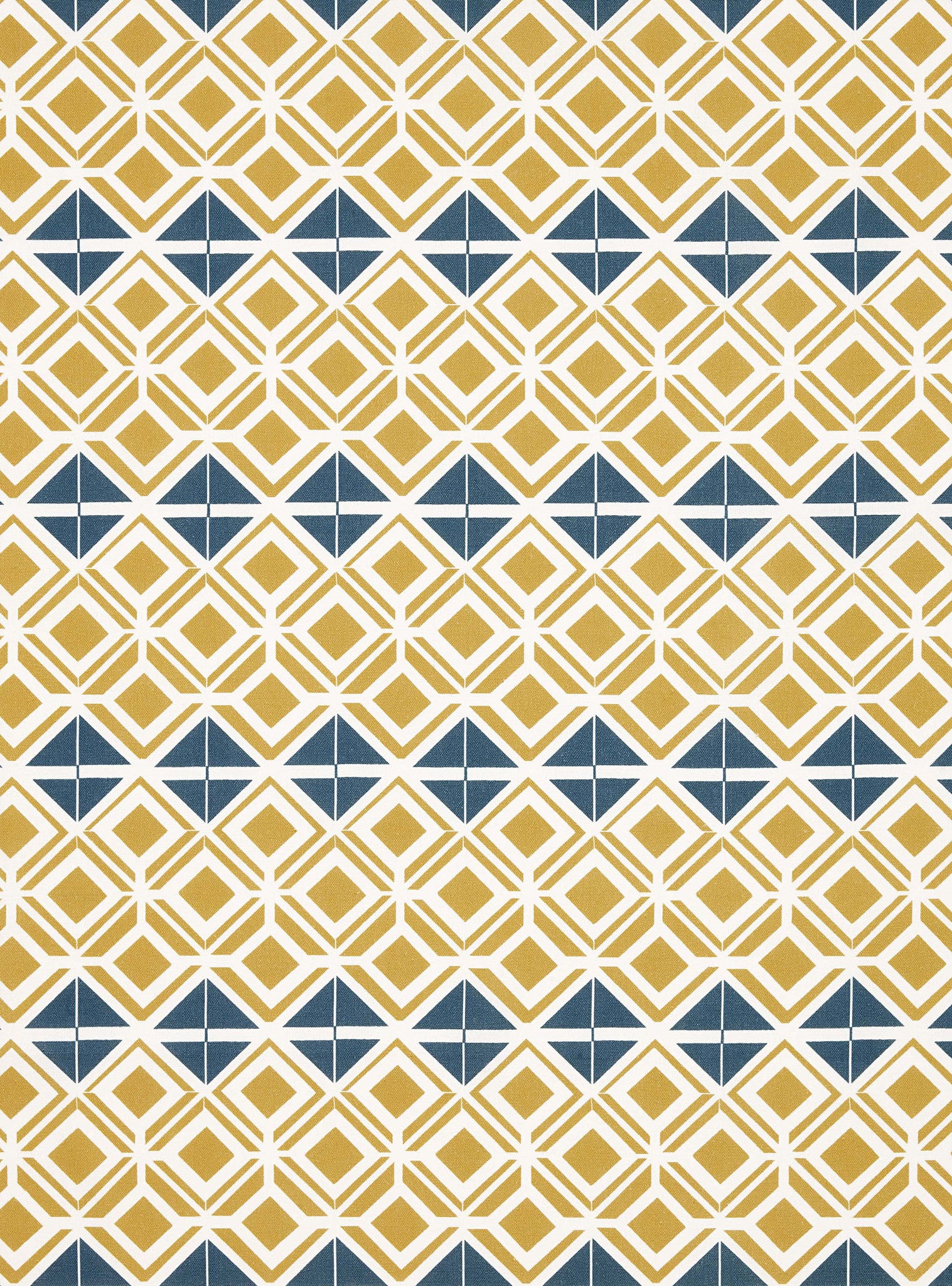 Glasswork Geometric Pattern Cotton Linen Fabric by the Meter in Gold & Dark Petrol Blue