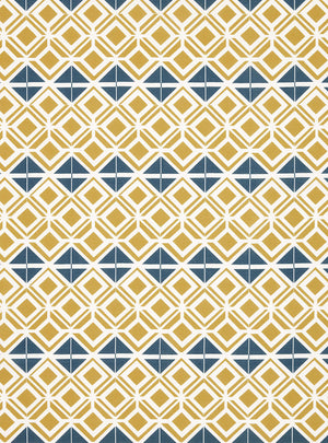 Glasswork Geometric Pattern Cotton Linen Fabric by the Meter in Gold & Dark Petrol Blue