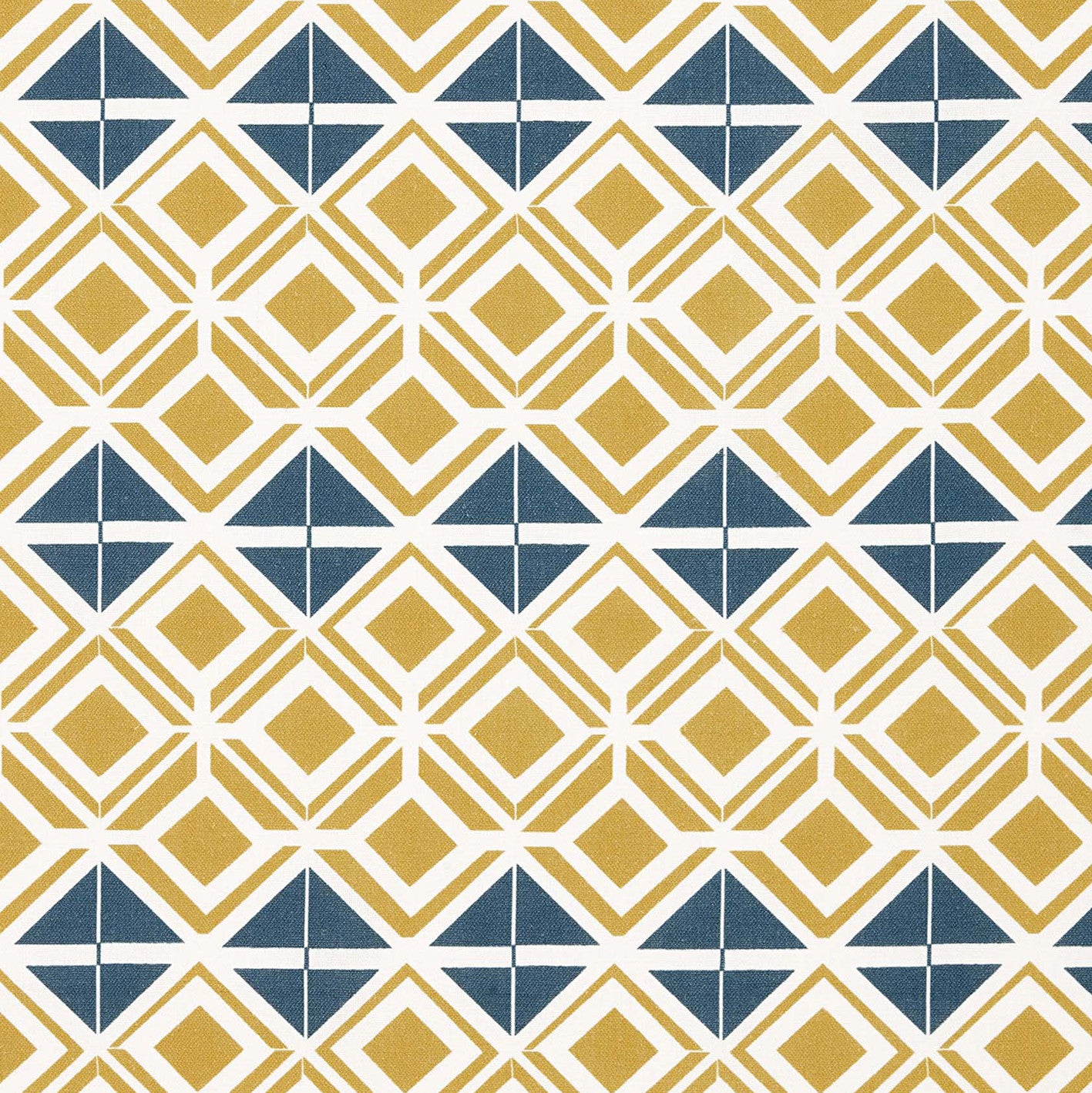 Glasswork Geometric Pattern Cotton Linen Fabric by the Meter in Gold & Dark Petrol Blue