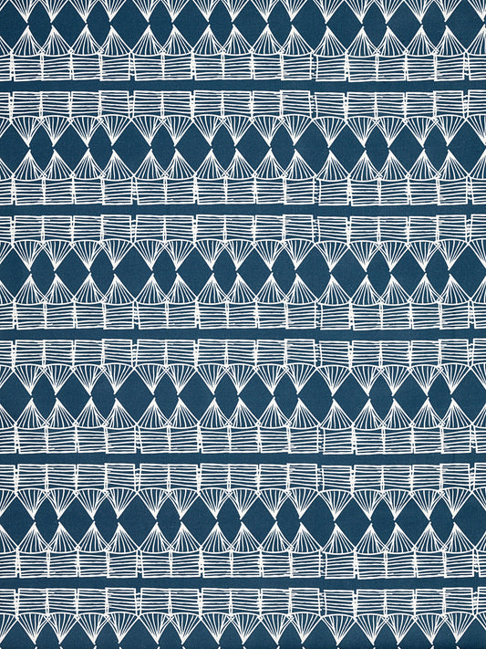 Tiki Huts Pattern Cotton Linen Designer Home Decor Fabric by the meter or by the yard in Dark Petrol Blue (Navy) for curtains, blinds, upholstery ships from Canada worldwide including USA