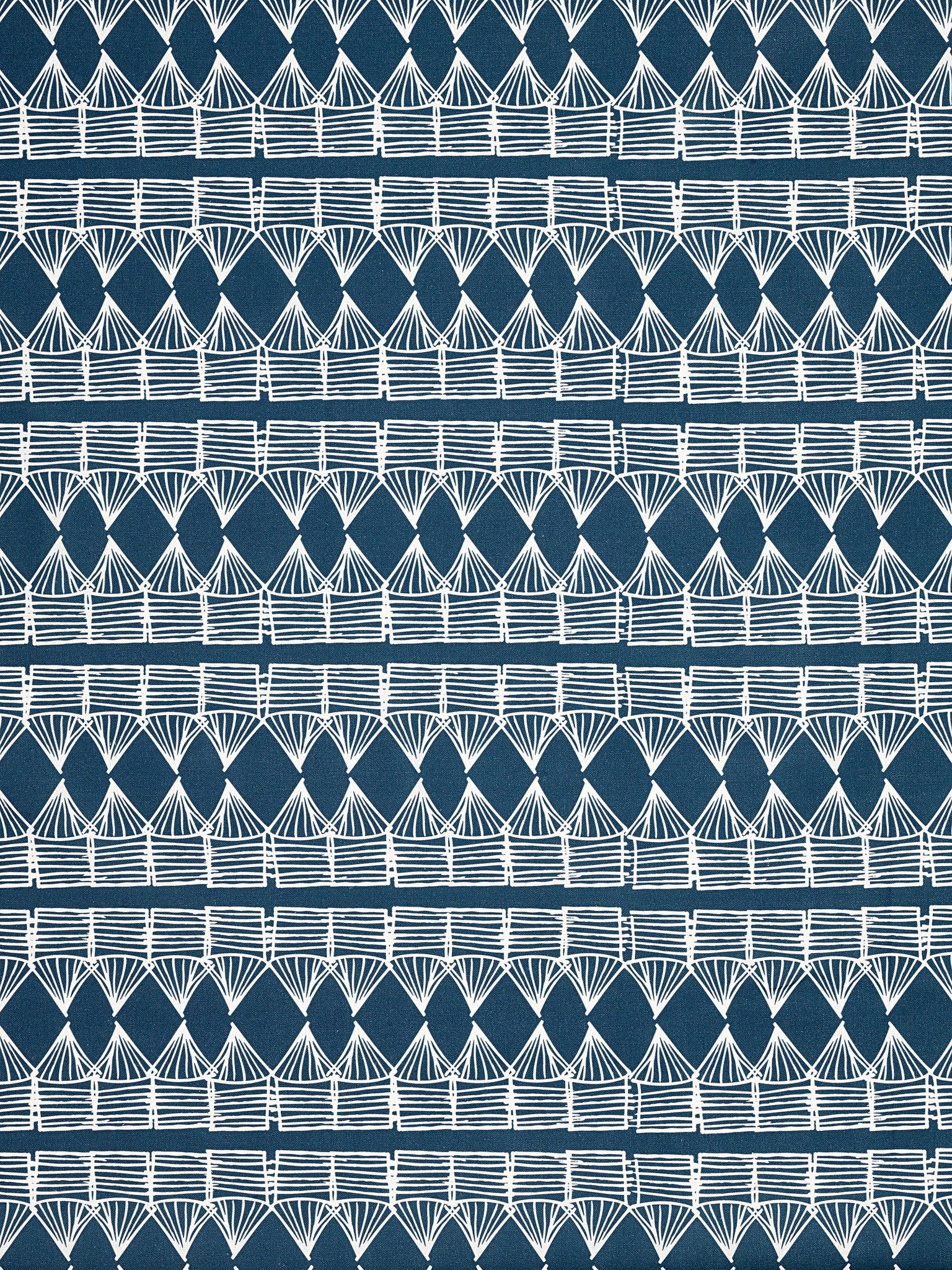 Tiki Huts Pattern Cotton Linen Designer Home Decor Fabric by the meter or by the yard in Dark Petrol Blue (Navy) for curtains, blinds, upholstery ships from Canada worldwide including USA