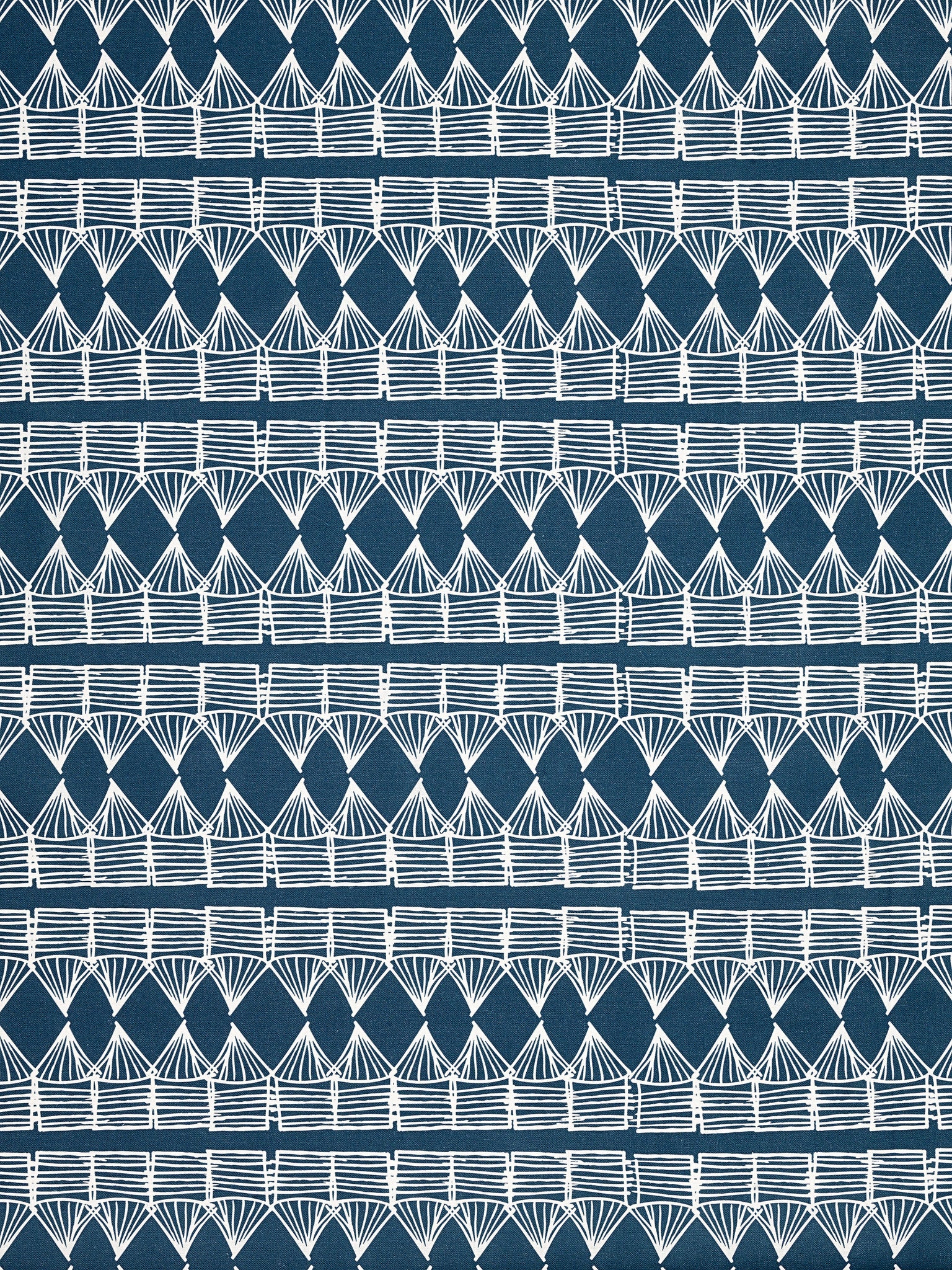 Tiki Huts Pattern Cotton Linen Designer Home Decor Fabric by the meter or by the yard in Dark Petrol Blue (Navy) for curtains, blinds, upholstery ships from Canada worldwide including USA