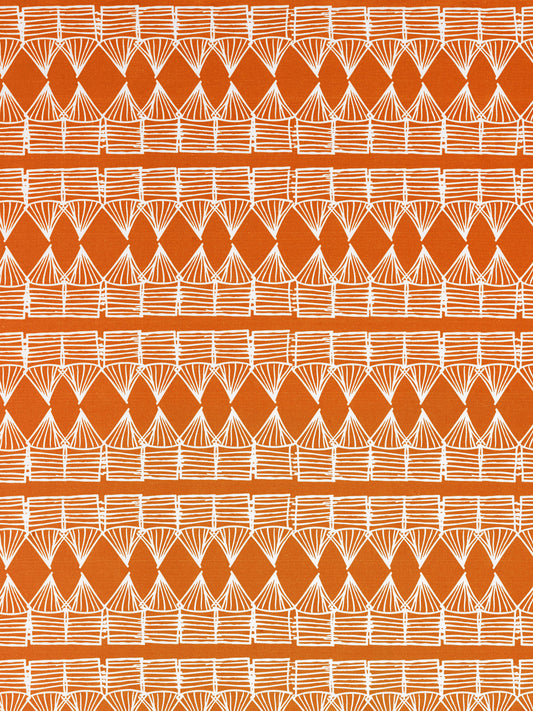 Tiki Huts Pattern Cotton Linen Home Decor Fabric by the meter or by the yard for curtains, blinds, upholstery in Bright Pumpkin Orange ships from Canada (USA)