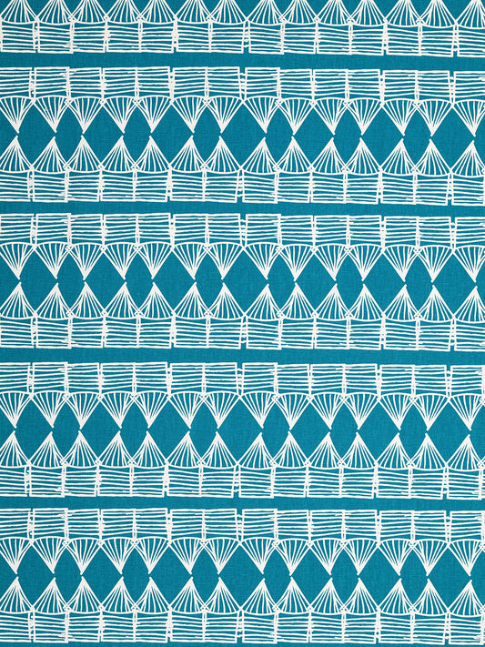 Tiki Huts Pattern Cotton Linen Home Decor Fabric by the meter or by the yard in Bright Turquoise Blue for curtains, blinds, upholstery ships from Canada (USA)