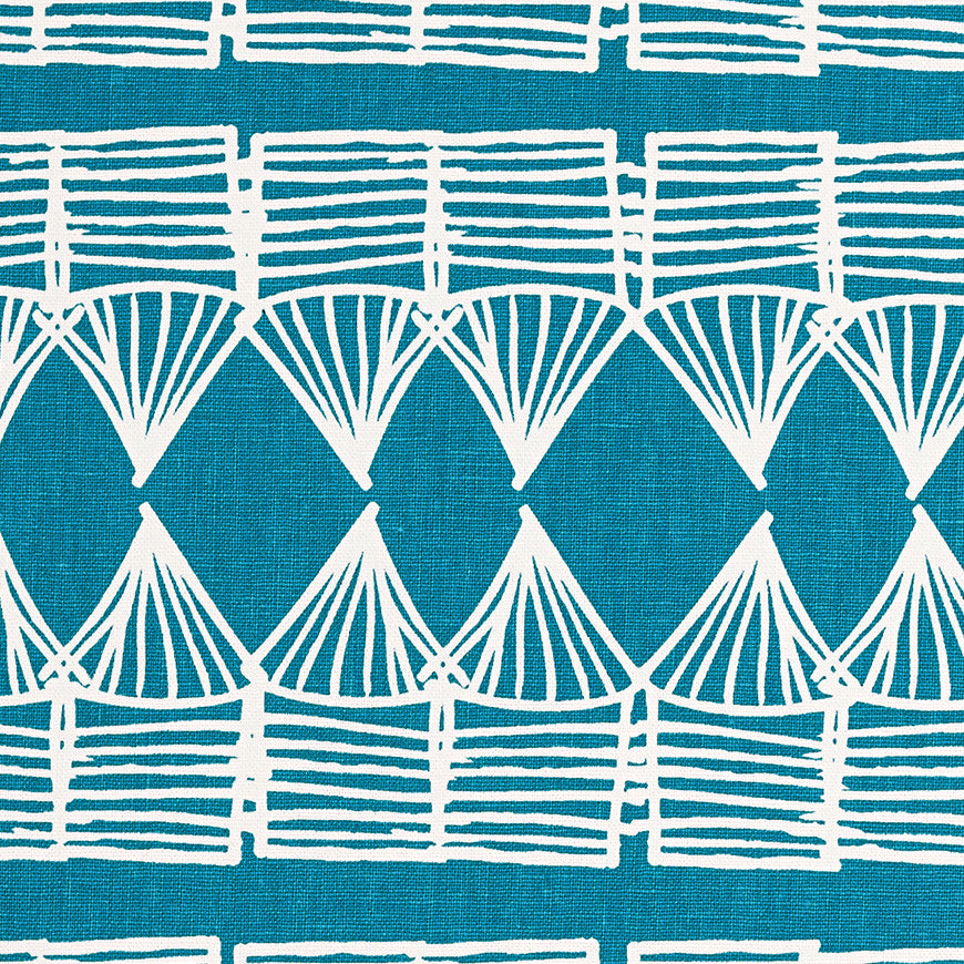 Tiki Huts Pattern Cotton Linen Home Decor Fabric by the meter or by the yard in Bright Turquoise Blue for curtains, blinds, upholstery ships from Canada (USA)