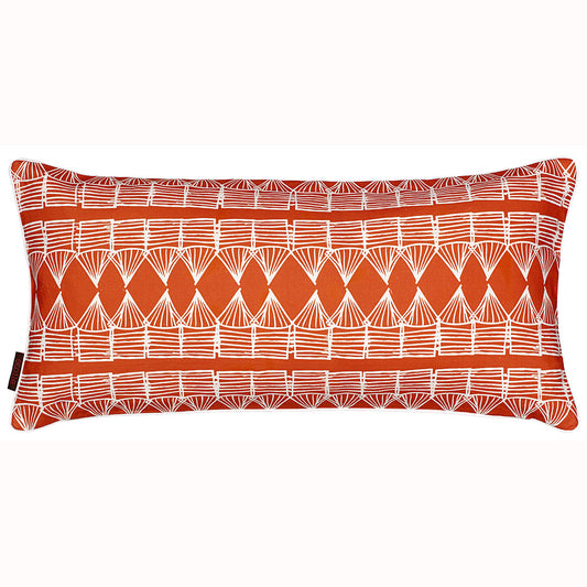 Tiki Huts Pattern Rectangle Linen Cushion in Bright Pumpkin Orange 30x60cm