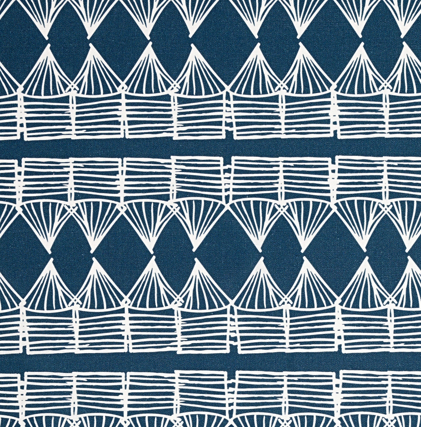 Tiki Huts Pattern Cotton Linen Designer Home Decor Fabric by the meter or by the yard in Dark Petrol Blue (Navy) for curtains, blinds, upholstery ships from Canada worldwide including USA