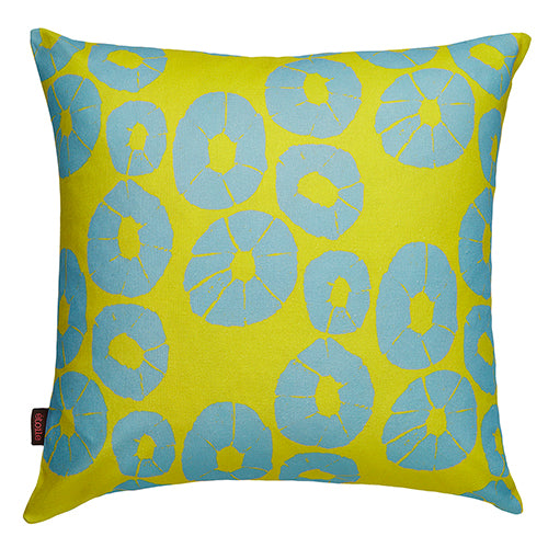 Jellyfish pattern-designer decorative throw pillow in Mustard yellow and winter blue 55cm (22") ships from Canada worldwide including the USA