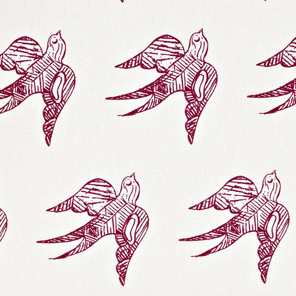 Katia Swallow Bird Pattern Linen Cotton Home Decor Fabric by the Meter or yard in Dark Vermilion Red for curtains, blinds, upholstery ships from Canada (USA)