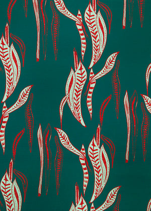 Kelp pattern home decor interiors fabric for curtains, blinds and upholstery in dark petrol blue and geranium red ships from Canada to USA